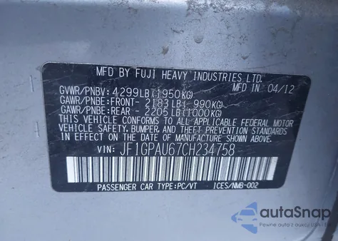 2012 Subaru Impreza 2.0I Sport Limited z USA, uszkodzony, nr VIN JF1GPAU67CH234758